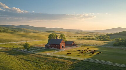 Fototapeta premium Serene Ranch Sunrise: Cattle Grazing Peaceful Montana Landscape