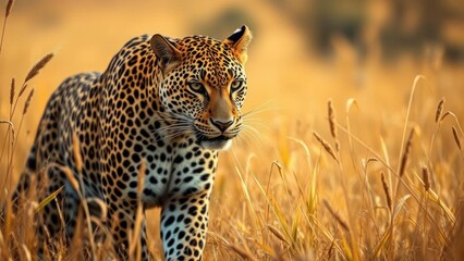 Naklejka premium Majestic Leopard in Golden Savanna