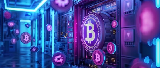 Futuristic cryptocurrency mining facility with floating Bitcoin symbols and neon-lit corridors