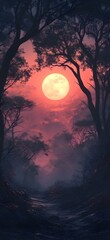 Fototapeta premium A large, full moon rises behind silhouetted trees at dusk, creating a mystical, atmospheric scene