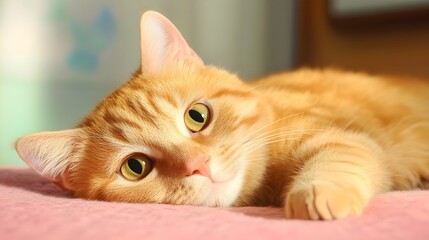 A ginger cat with green eyes is lying on a pink surface, looking directly at the camera with a relaxed expression.