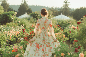 A fashionable woman wearing a vibrant floral print dress in a garden, enjoying the bright spring day. The dress features a mix of bold floral patterns, offering a lively and elegant look for outdoor a