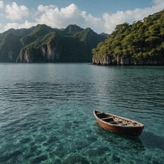 Fototapeta premium A secluded island with a small boat anchored near the shore, waiting for a peaceful journey on the water.