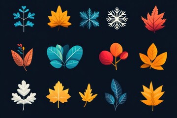 Seasonal icons with a mix of warm and cool color palettes, representing different times of the year through symbols like snowflakes, leaves, and flowers