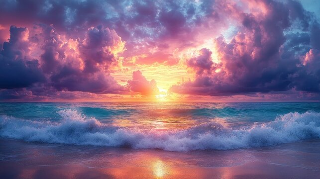Dramatic sunset with pink and purple clouds over a turquoise sea with rolling waves