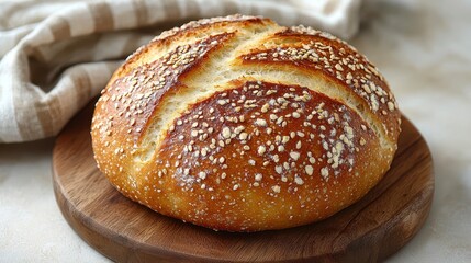 Round artisan bread, kitchen setting, baking, food photography, recipe illustration