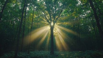 Obraz premium Sun rays bursting through forest canopy, illuminating a central tree.