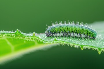 Green Caterpillar Crawling on a Vibrant Green Leaf in Nature
