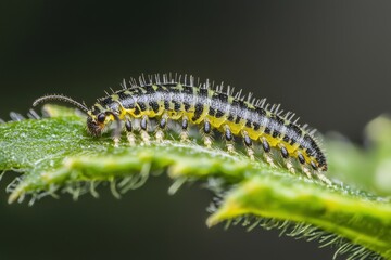 Striped Millipede Larva Crawls on a Vibrant Green Leaf