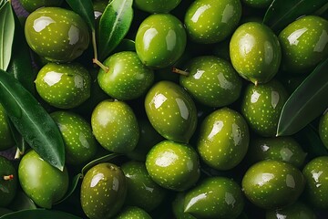 Green olives background. Top view, flat lay