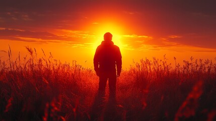 Fototapeta premium Silhouetted man standing in tall grass at sunset.