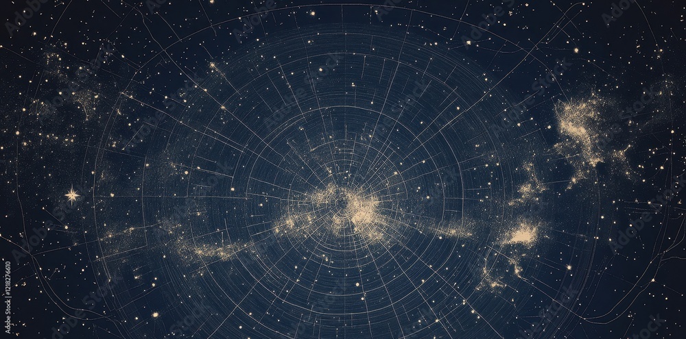 Poster celestial chart showing star clusters and constellations