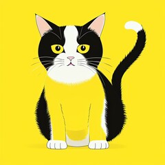 Obraz premium Cute Black and White Cat Sitting on Yellow Background