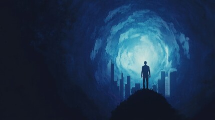 Fototapeta premium Man Silhouette Observing Futuristic Cityscape Through Digital Portal