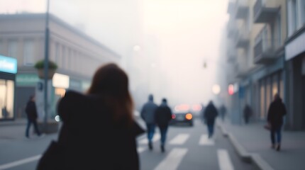 Blurred photograph of people visible in the distance, candid street scene with soft, dreamy atmosphere