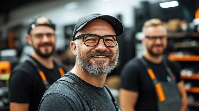 Portrait of a Confident Craftsman in a Workshop with Colleagues, Emphasizing Teamwork and Professionalism in the Manufacturing Industry