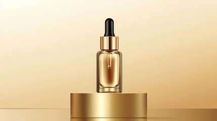 Elegant golden serum dropper bottle on a reflective surface with a smooth gradient background highlighting skincare beauty and luxury aspects
