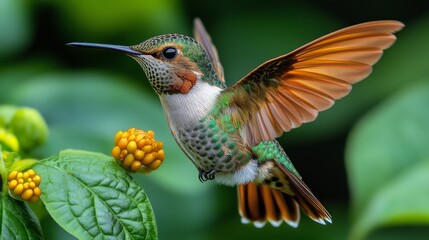 Fototapeta premium A vibrant hummingbird hovers near yellow flowers, wings outstretched, showcasing its iridescent plumage against a lush green backdrop.
