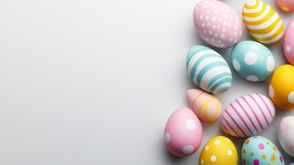 Fototapeta premium A collection of pastel-colored Easter eggs with various patterns arranged in the corner, leaving space for text or design