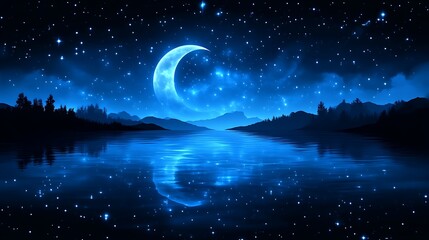 Naklejka premium Crescent Moon Over Serene Night Lake Landscape