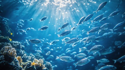 Fototapeta premium Sunlit School of Fish Swimming in Ocean Water
