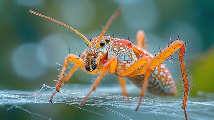 Fototapeta premium Close-up of a vibrant orange and white insect on a spiderweb.