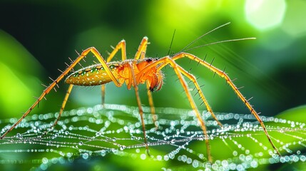 Close-up of a vibrant orange and green spider on a dewy web.