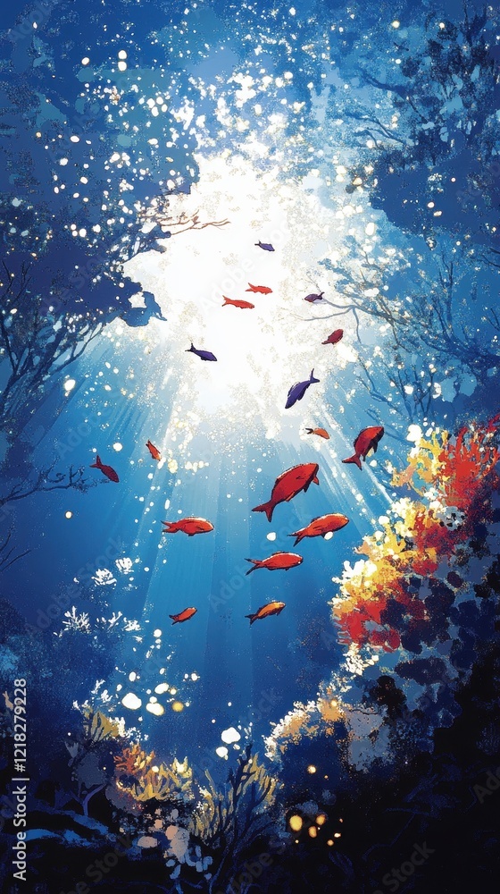 Sticker Underwater Scene Depicting Fish and Coral Reef