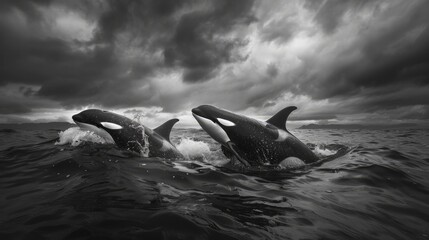 Two orcas breaching the ocean surface under a dramatic stormy sky, showcasing nature's power and beauty