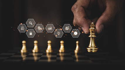 Hand chooses king chess with leadership strategic planning icons for human resources or winner...