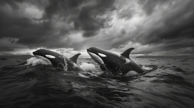 Two orcas breaching the ocean surface under a dramatic stormy sky, showcasing nature's power and beauty