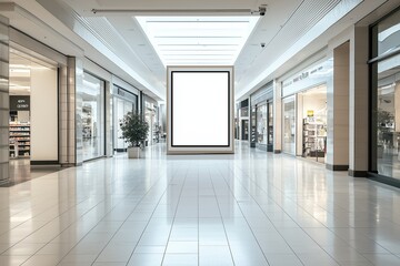 Obraz premium Empty mall scene with a billboard and store displays on sides.