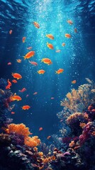 Fototapeta premium Vibrant Coral Reef Scene With Orange Fish Swimming