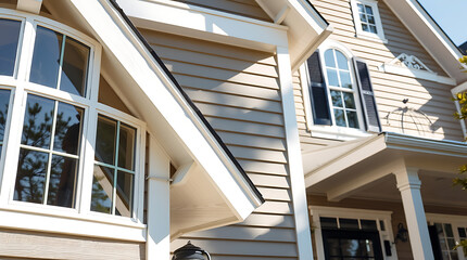 Elegant Home Exterior: Brown Shingle Siding, White Trim, and Classic Windows.  High-end residential architecture design and construction.