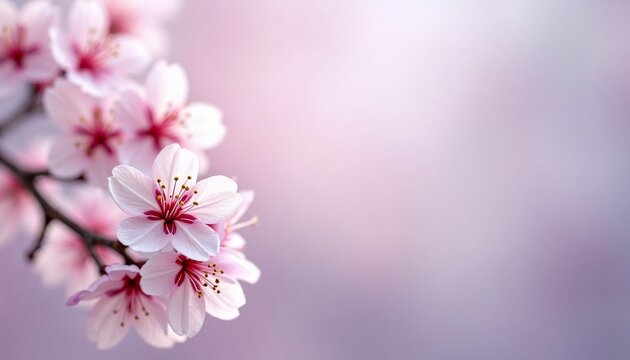 Cherry blossoms with soft pink hues, blooming on a branch, featuring blurred background for text overlays