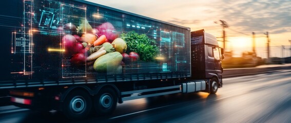 Fruit and vegetable truck showcasing digital technology while speeding on the highway