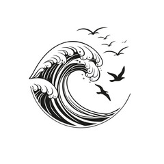 black and white illustration stylized ocean wave