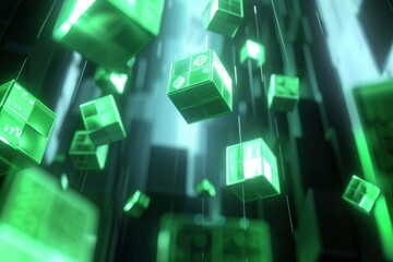 Futuristic green glowing cubes floating in a dark digital environment with abstract patterns