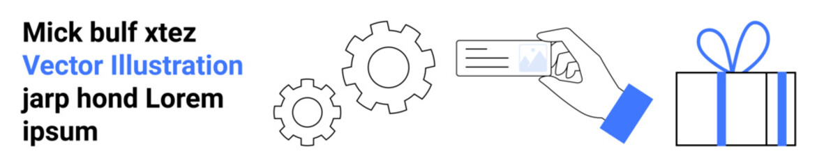 Hand holding a business card, two interlocking gears, and a gift box tied with a ribbon. Ideal for networking, business analysis, productivity, gift-giving, efficiency, collaboration and corporate