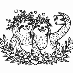 Obraz premium Two cheerful sloths with flower crowns take a selfie among decorative flowers and hearts, embodying a playful, relaxed vibe.