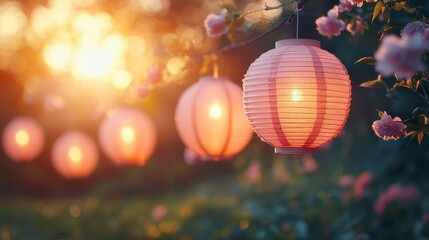 Fototapeta premium Warm glow of paper lanterns and blooming flowers creating a serene evening ambiance