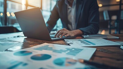 Business professional working on a laptop amidst financial reports and graphs in a modern office