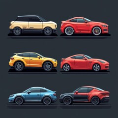 Fototapeta premium Collection of Modern Car Designs SUV Coupe and Hatchback Illustrations