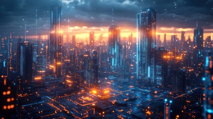 Fototapeta premium Cyberpunk Cityscape: A Futuristic Metropolis at Sunset