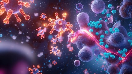 Obraz premium A colorful depiction of microscopic entities, showcasing viruses, cells, and molecular structures in a vibrant, dynamic environment.