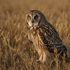 Fototapeta premium A short-eared owl hunting in a golden meadow.
