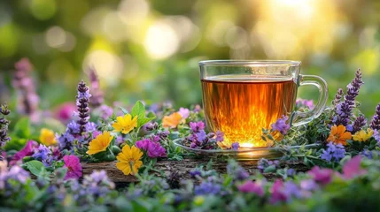 Fototapeten A glass cup of hot tea sits on a wood slice surrounded by colorful wildflowers in a garden at sunset. © hanif