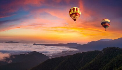 Obraz premium Travel on hot air balloon, beautiful inspirational landscape with sunrise colorful sky. Generated image