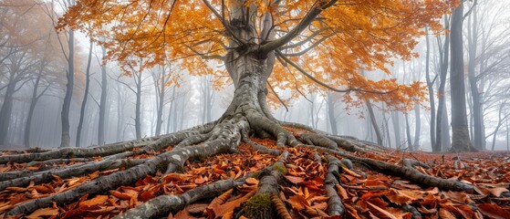 Majestic autumn tree with sprawling roots in a misty forest, surrounded by fallen orange leaves