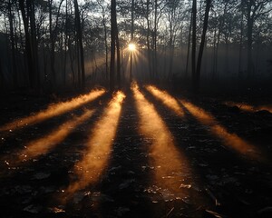 Obraz premium Sunbeams illuminating misty forest floor at sunrise.